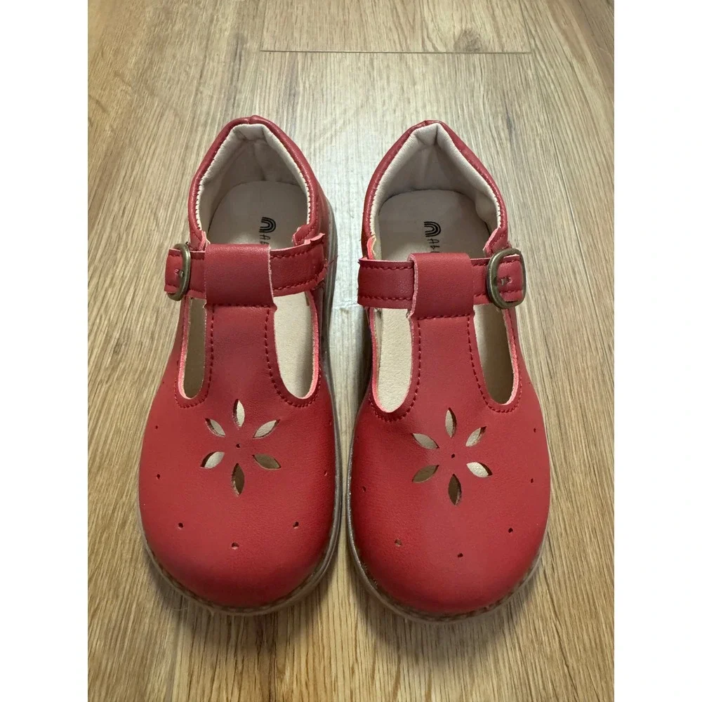 Abby & Evie Girls Red T-Strap Flower Cutout Shoes Hook Loop Size 11 EU 29